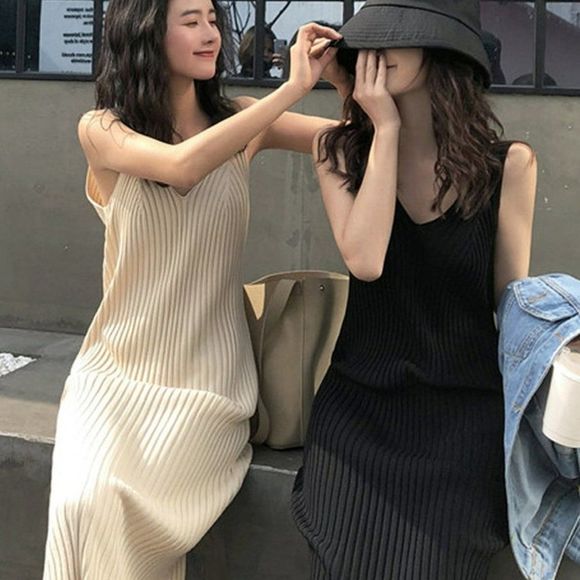 Knit Spaghetti-Strap Maxi Dress | Sweater Dress - Picture 1 of 9